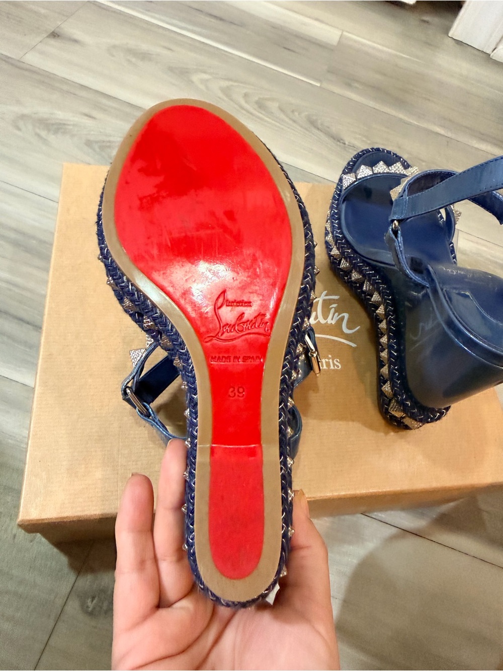 Christian Louboutin Blue Metallic Studded Wedge Sandals with Ankle Strap US 8 - Picture 8 of 10